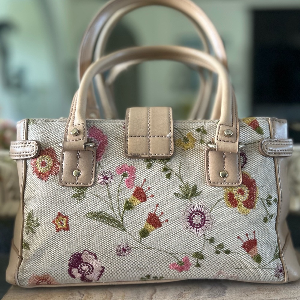 Liz Claiborne Cute Floral & Beige Trim Handbag Purse Satchel - Picture 11 of 15